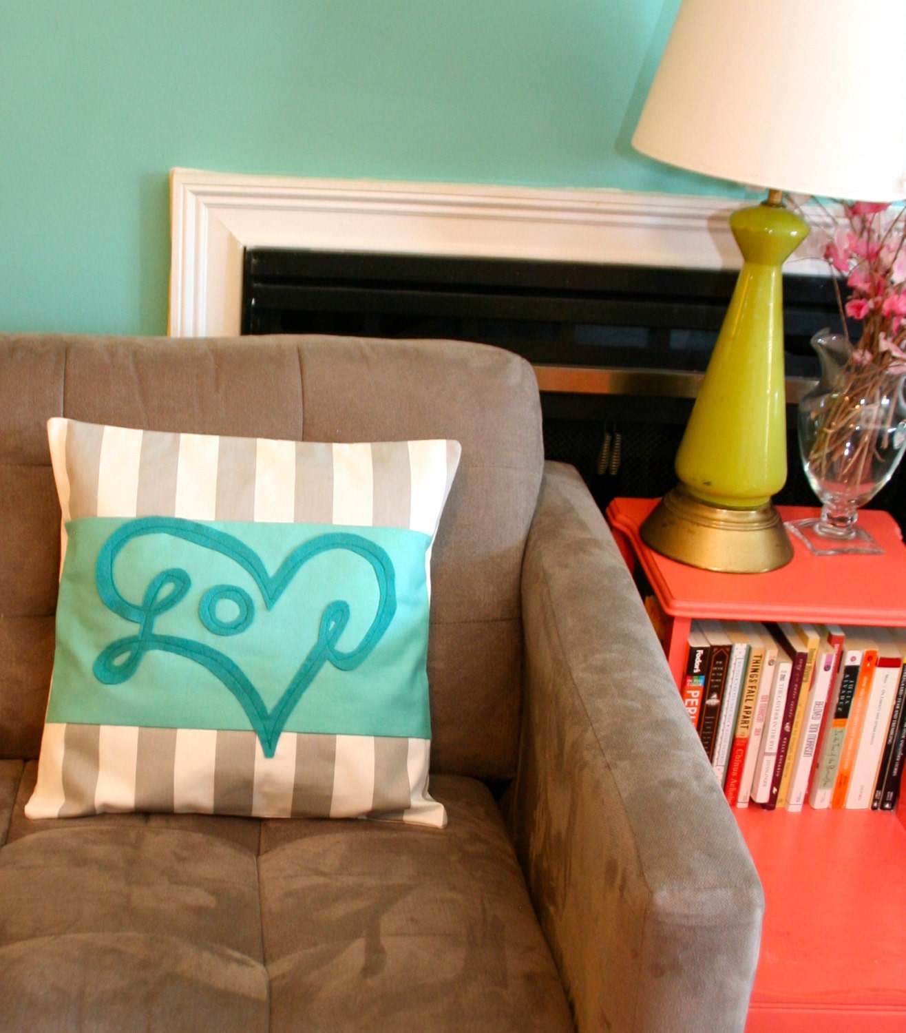 Love Pillow Cover in Aqua and Grey Stripe 20X20"