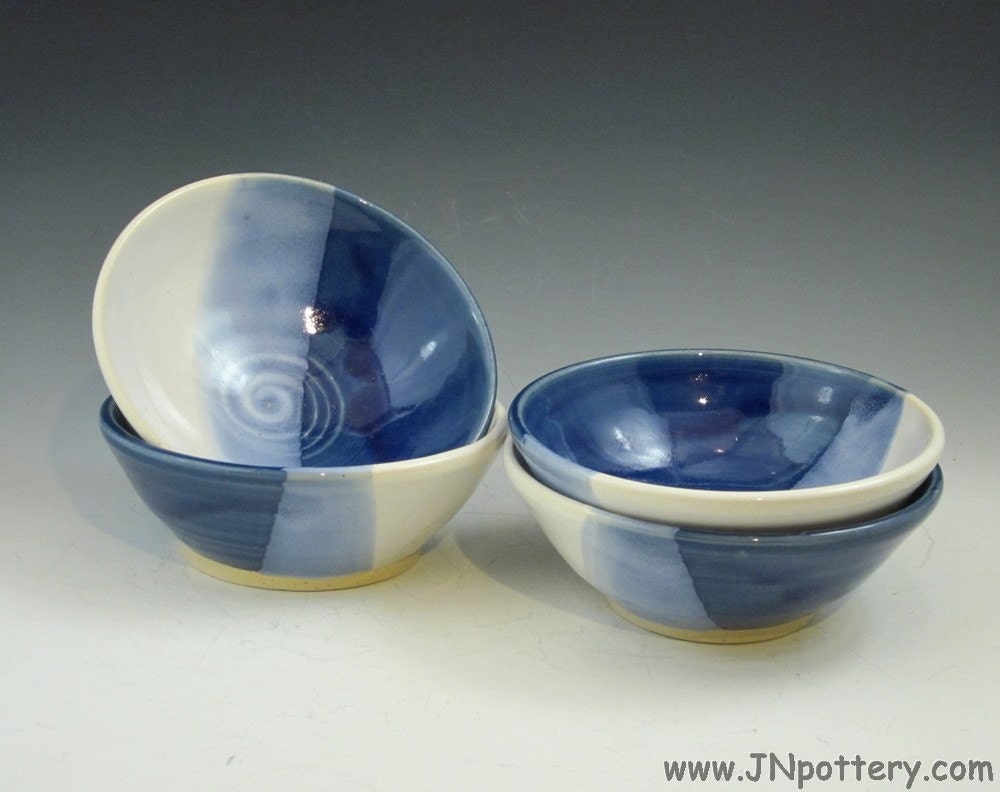 Pair of Stoneware Prep Bowls, Ceramic Ice Cream Servers, Blue and White  b267
