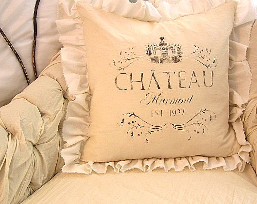 NEW Two Toned Ivory and White Ruffle Linen Blend Pillow Faded Dark Brown Chateau Marmont Design (Slip Cover Only)