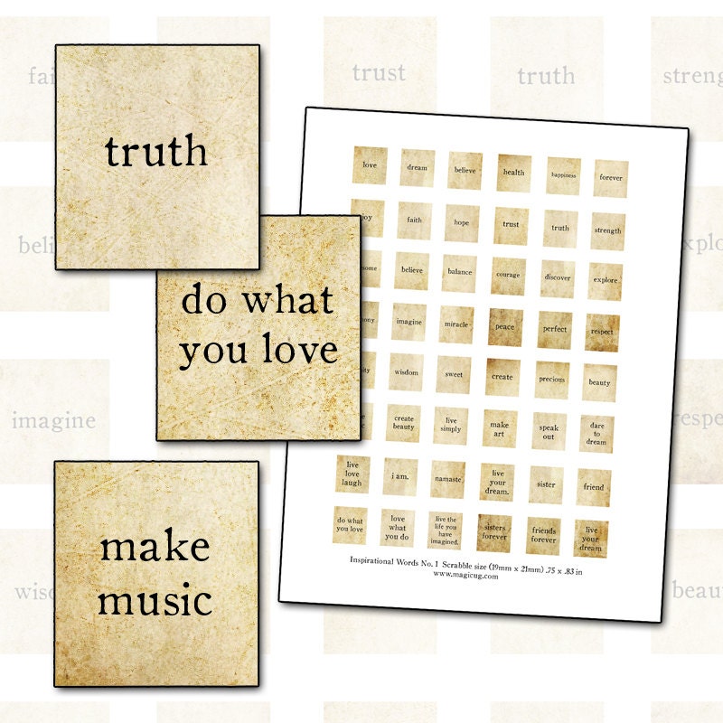 Inspirational Words No. 1 scrabble size digital collage sheet .75 x .83 in 19mm x 21mm altered art quotes words text typography texture