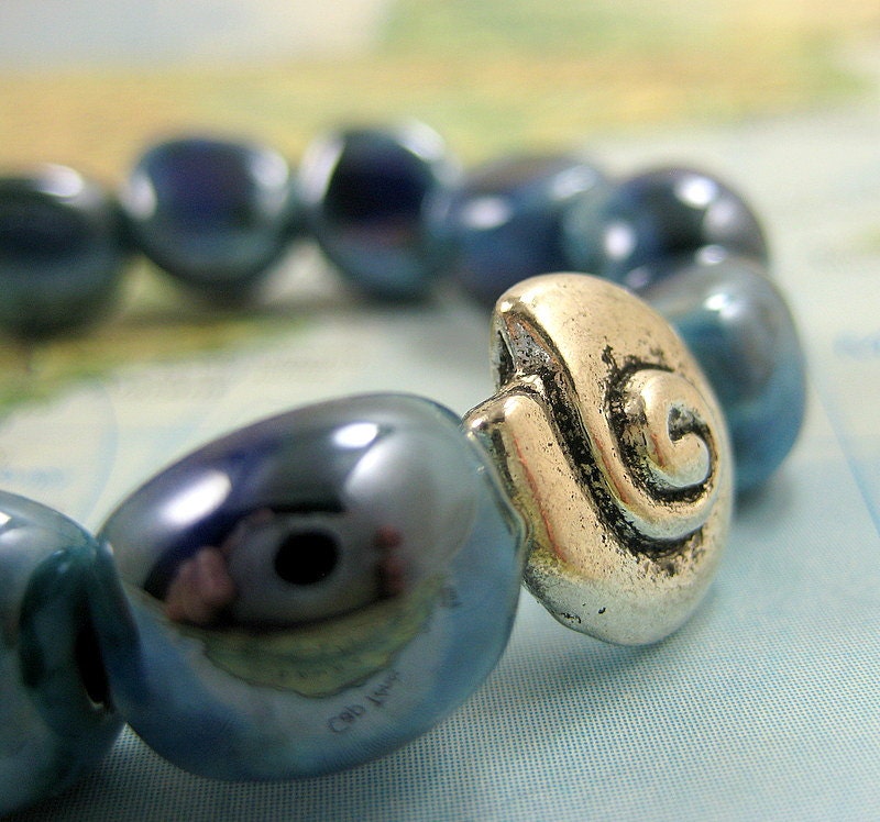 Silver Shell Bracelet with Blue Ceramic Beads