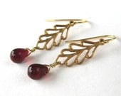 Garnet Red Teardrop Earrings, Brass Leaf Dangle Earrings, Hook Ear Wires, Handmade, Mariana