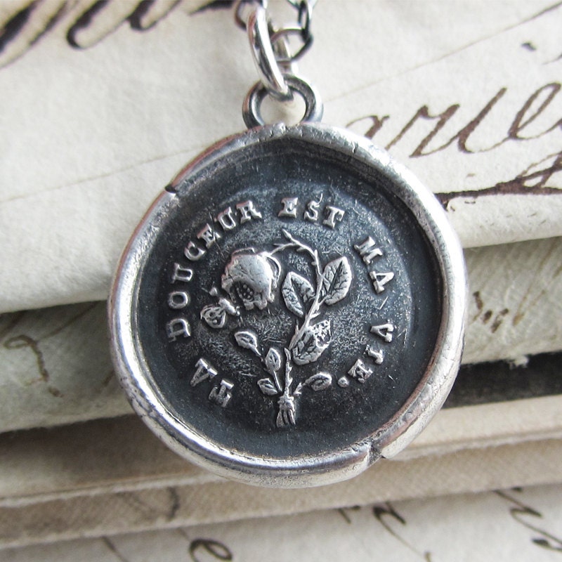 Flower & Butterfly French Wax Seal Necklace - Your Sweetness is my Life -  love necklace in fine silver