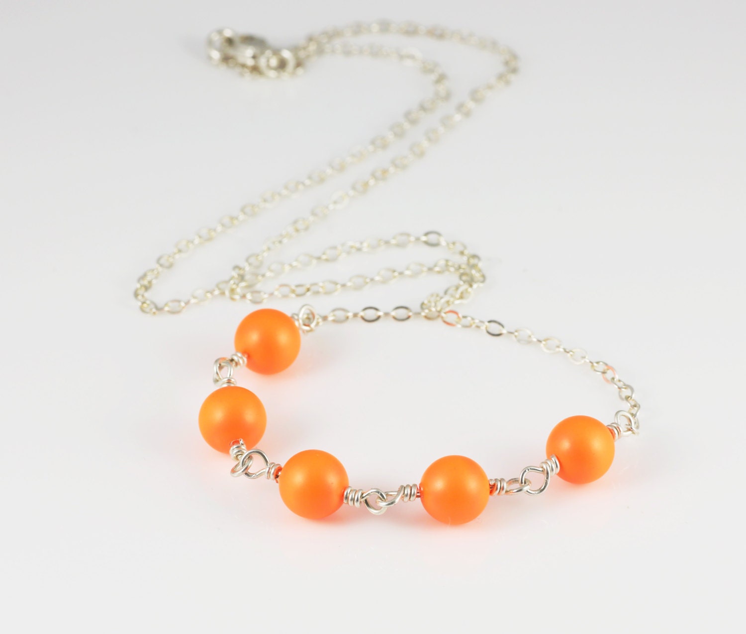 Bright Neon Orange Swarovski Pearl Necklace, Wire Wrapped Necklace