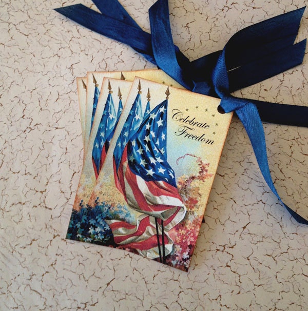 Vintage Patriotic Tags - Vintage Flag Tags - Fourth of July Tags, Celebrate Freedom- Set of 4