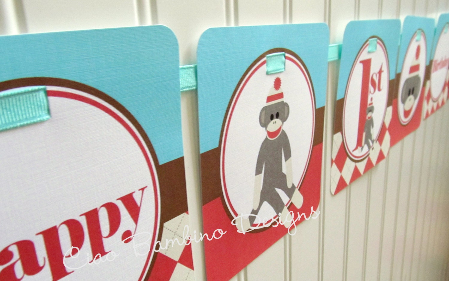 NEW - Silly Sock Monkey - Happy Birthday Banner