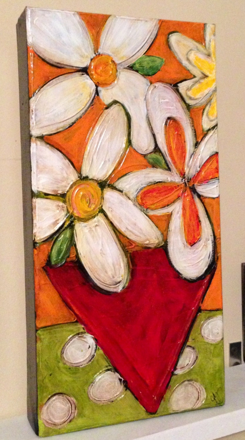 Orange and white flowers with red vase, green and white polka dot background painting on canvas