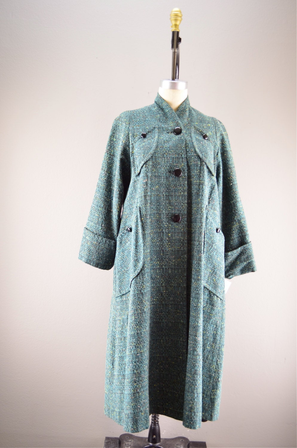 1940s coat  Vintage coat  40s swing coat green flecked wool a line trapeze Size medium