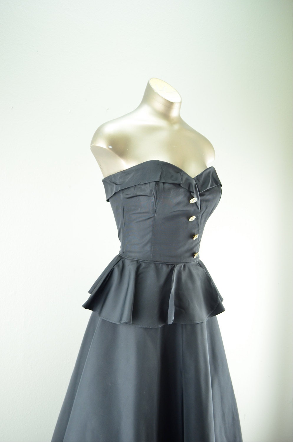 1940s black gown 50s formal dress Size x small peplum floor length ball gown taffeta