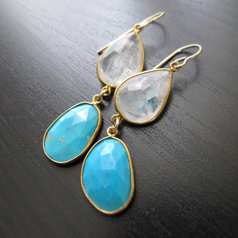 RESERVED FOR OHSU Glowing Rainbow Moonstone & Faceted Turquoise Drop Earrings