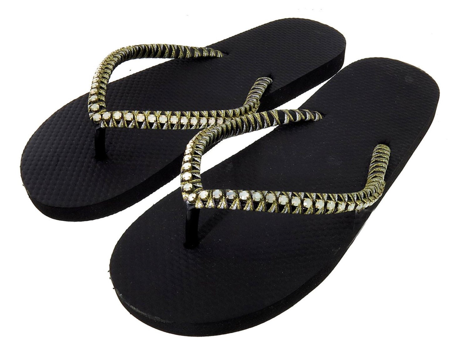 Rhinestones black flip flops, Custom made designed sandals with opal gems, Black gold flip flops