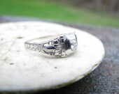 Lovely  Art Deco 18K White Gold Diamond Engagement Ring - Fiery Old Mine Cut Diamond - Pretty Leaf and Floral Details