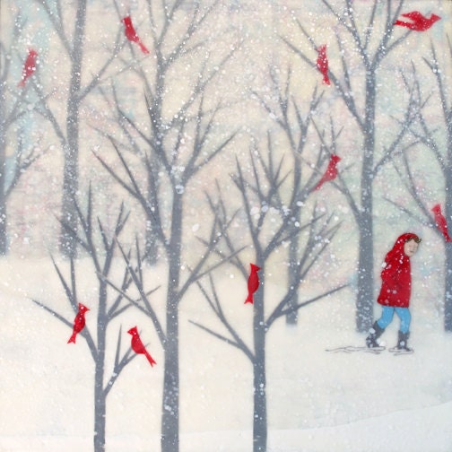 A Walk in Winter Woods  mixed media encaustic print