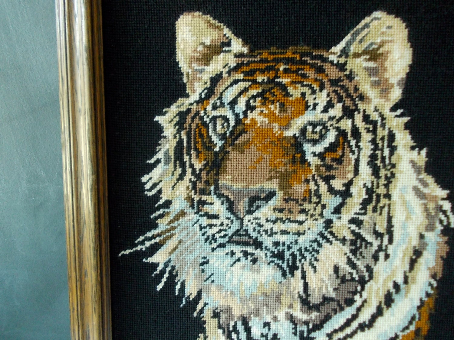 Large Vintage Needlepoint Tiger : Framed Wild Animal Wall Art