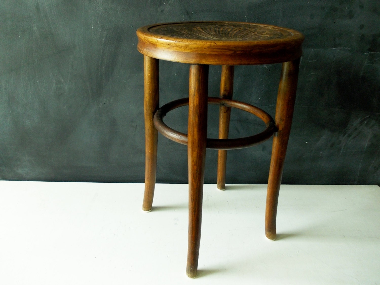 Antique Bentwood Stool : Embossed Seat, Thonet Mundus J J Kohn, Rustic Wood Furniture
