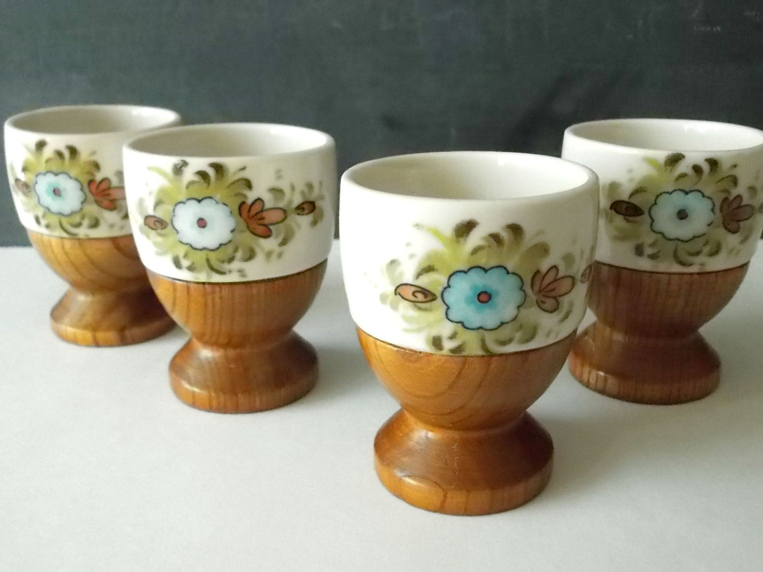 Cute Vintage Egg Cups Ceramic and Wood by NorthernScoutVintage