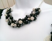 Black and Gray Pearl and Rhinestone Beaded Necklace, Bridal Jewelry, Cluster Necklace, Chunky Necklace, Bridesmaid Gift