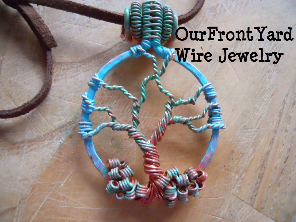 Copper Tree of Life Pendant Painted Sanded and Sealed Vintaj Patina Metal Paint in Jade Cinnabar and Verdigris