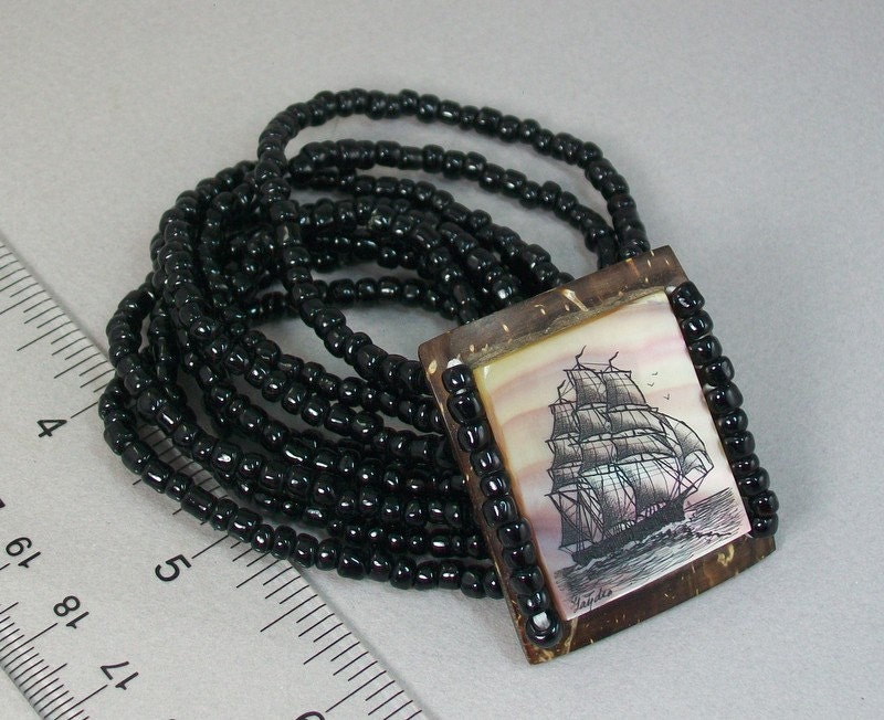 Scrimshaw mother of pearl beaded Bracelet with Ship