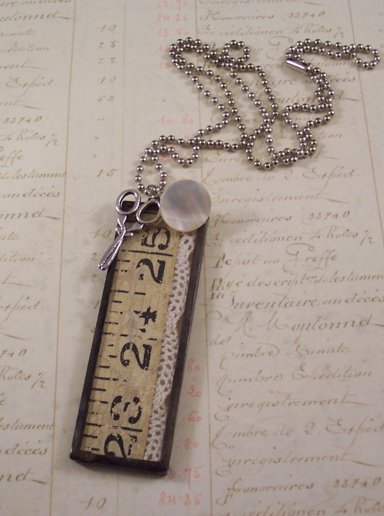 Glass Pendant Charm Necklace Vintage Sewing Notions Mixed Media