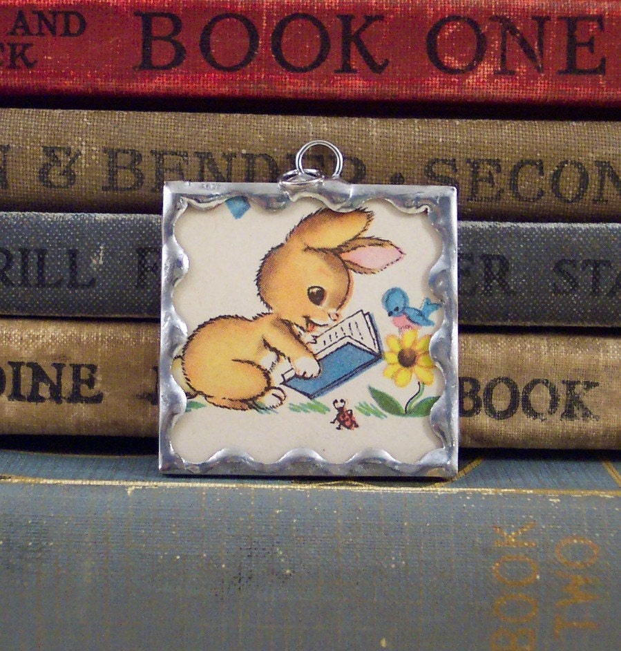 Soldered Glass Pendant Bunny Rabbit Reading a Book Vintage Illustration