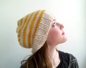 Handknit Hat in Alpaca and Wool. Yellow and Cream, Stripes, Chunky. Cozy Winter Hat.