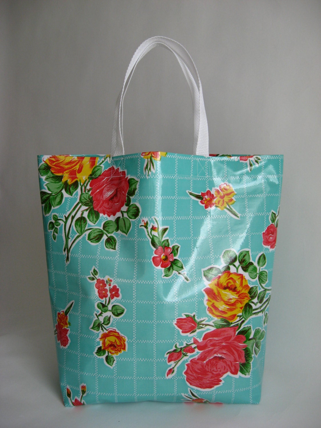 Durable Oilcloth Market Bag - Aqua Rosegall
