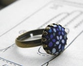 Tiny Blue Daisies - Fabric Button Ring