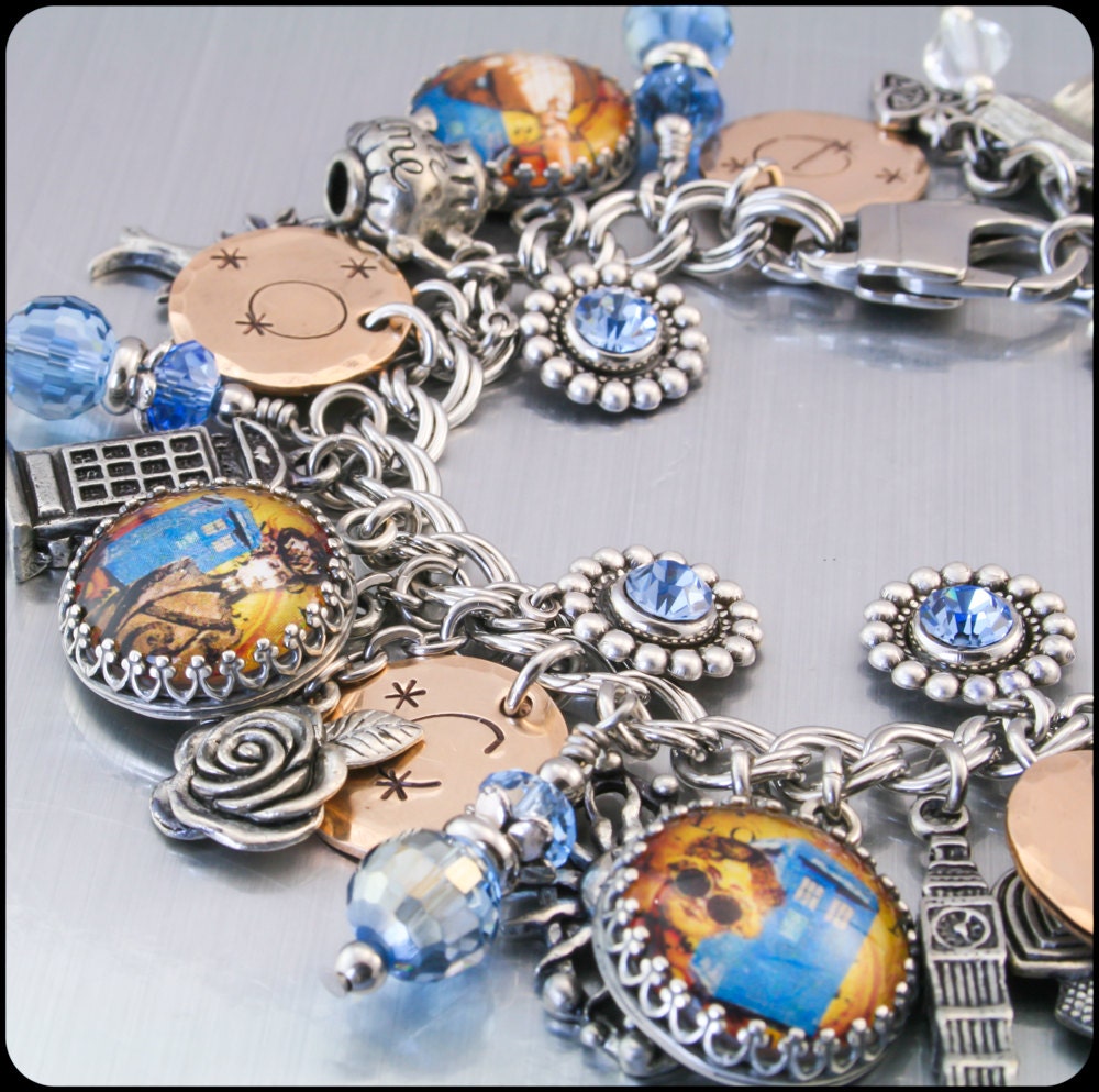 Silver Charm Bracelet, Doctor Who Inspired Charm Bracelet, Doctor Charm Bracelet, Time Travel Jewelry, Steampunk Bracelet