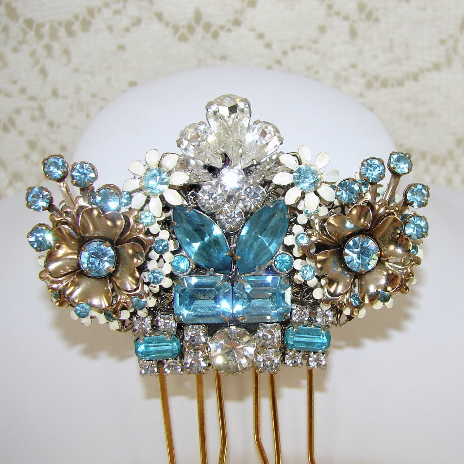 Something Old Something Blue Rhinestone Hair Comb Aquamarine Wedding Flowers Bridal Formal Headpiece Vintage Jewelry