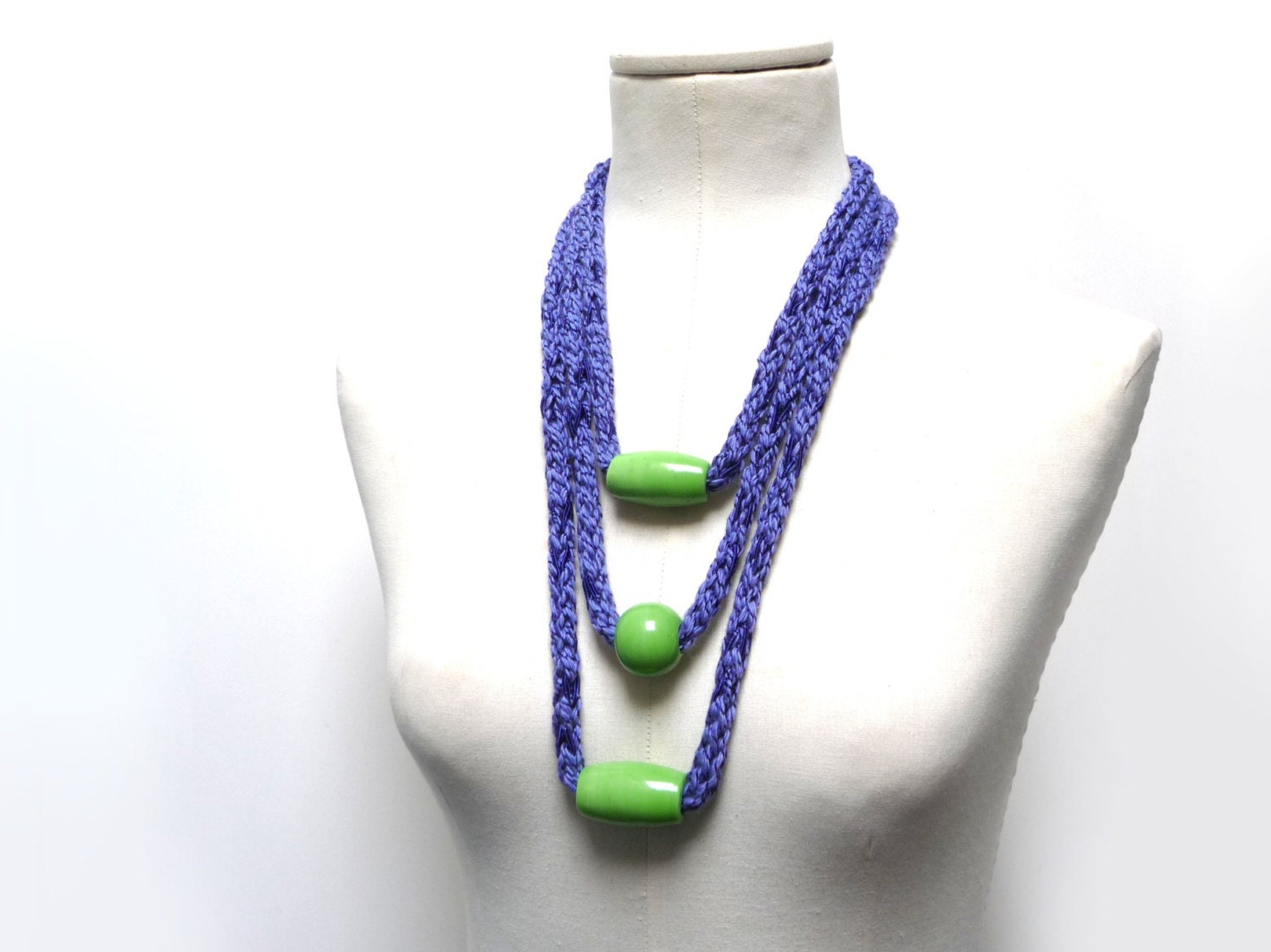 Knitted Necklace with Glass Beads - lavender blue cotton - lime green beads - yarn jewelry, knitted jewelry, textile necklace