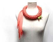 Crochet Statement Necklace - Peach Pink / Orange Upcycled Jersey Yarn - Jersey Scarf Cowl - Crochet Jewelry - Textile Necklace