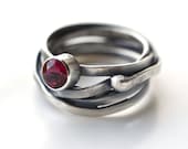Sterling Silver Ring, Ruby, Ribbon Ring,Modern, Rustic Style, Oxidized, Gemstone, Twisted Wire, Organic, Burnished, Handmade, Metalwork