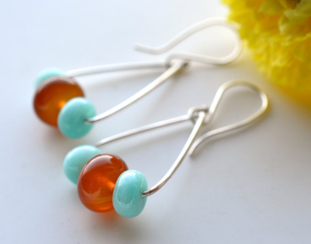 Dangle Earrings, Everyday,Cute, Stylish,Modern,Silver,Summery Colors, Beads,Handmade,Stone,Metalwork,Silversmithed