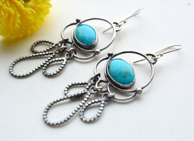 Boho Earrings, Handmade, Sterling Silver, Long, Turquoise, Unique Metalwork, Hand Forged, Long, Gift for a Friend