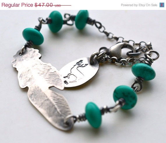 ON SALE Modern Everyday Bracelet, Graduate Gift, Turquoise, Mothers Day Gift, Recycled Sterling Silver, Original, Feather, Oxidized, Artisa