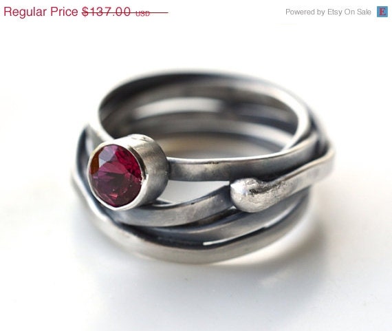 ON SALE Sterling Silver Ring, Ruby, Ribbon Ring,Modern, Rustic Style, Oxidized, Gemstone, Twisted Wire, Organic, Burnished, Handmade, Metal