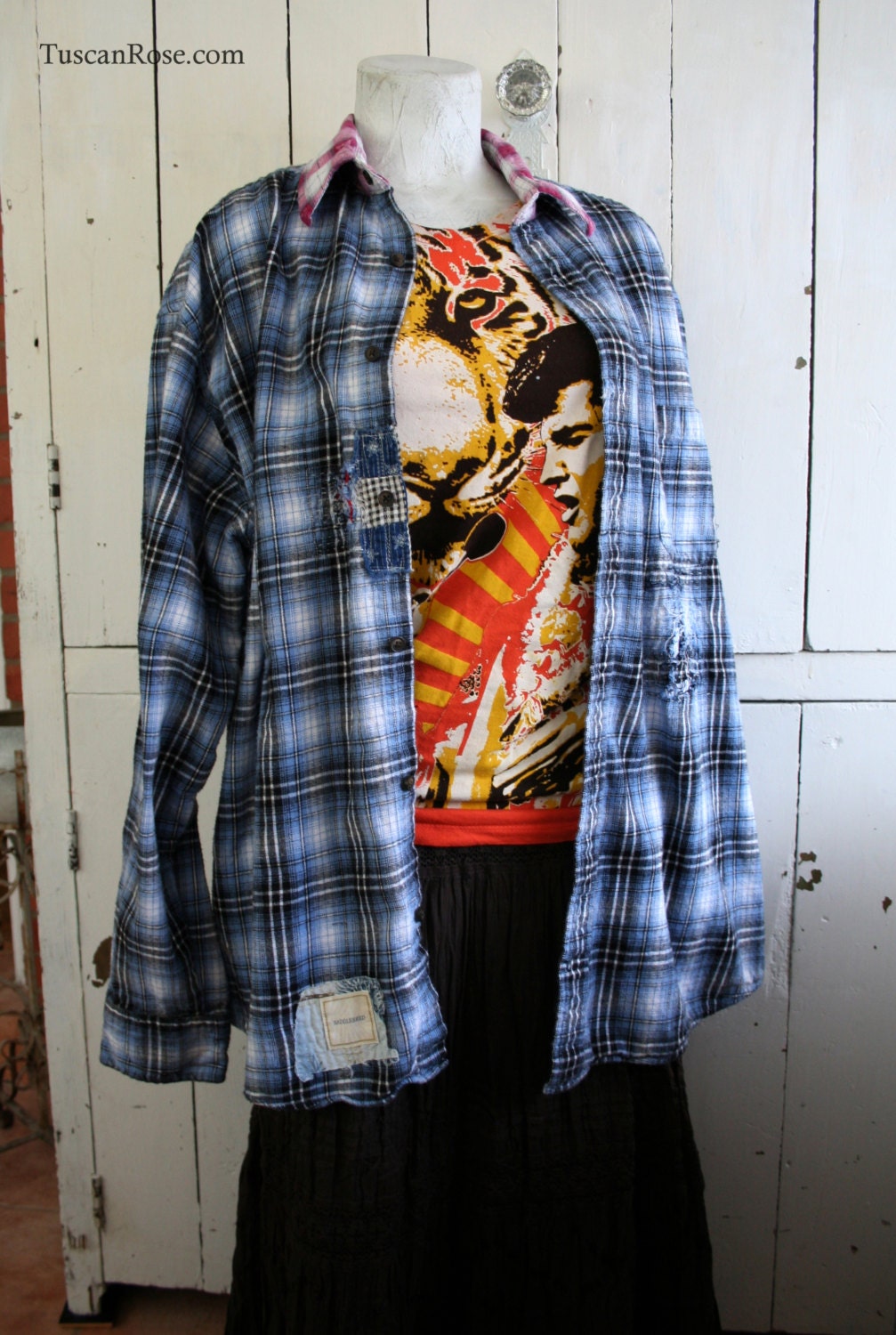 Neo Grunge Blue Flannel Shirt - bohemian grunge gypsy - upcycled and refashioned - saddlebred