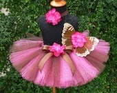 Baby Tutu Fairy Wings - Brown Fuchsia Pink Gold - Birthday Tutu Set - Sewn 6'' Tutu Wings & Headband - sizes newborn to 24 months