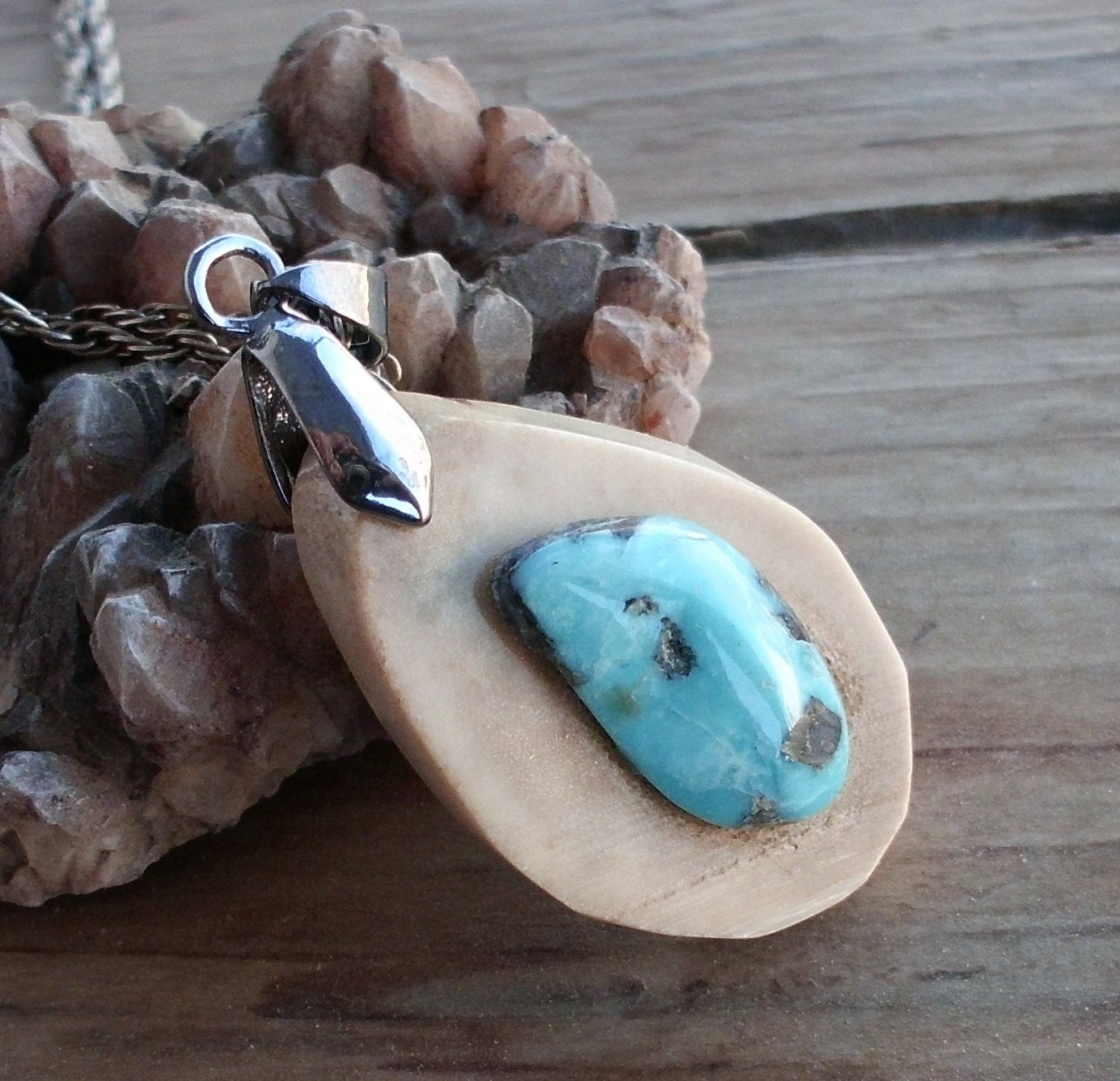 Shed Deer Antler and Natural Blue Kingman Turquoise Pendant on 20 Inch Chain