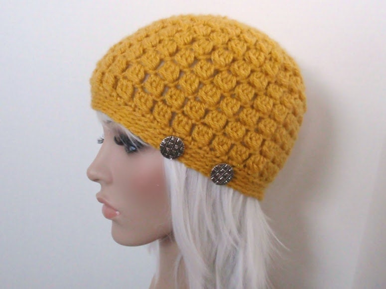 READY TO SHIP - Yellow Checkered Crochet Beanie with Silver Buttons