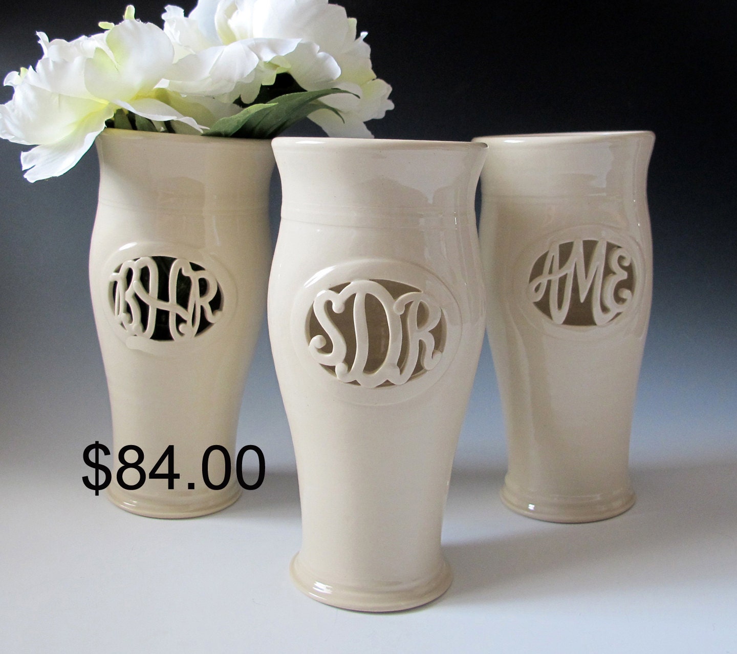 INFO ON .... Cursive Monogram Vase - Wedding, commitment ceremony / bridesmaid gift - handmade to order