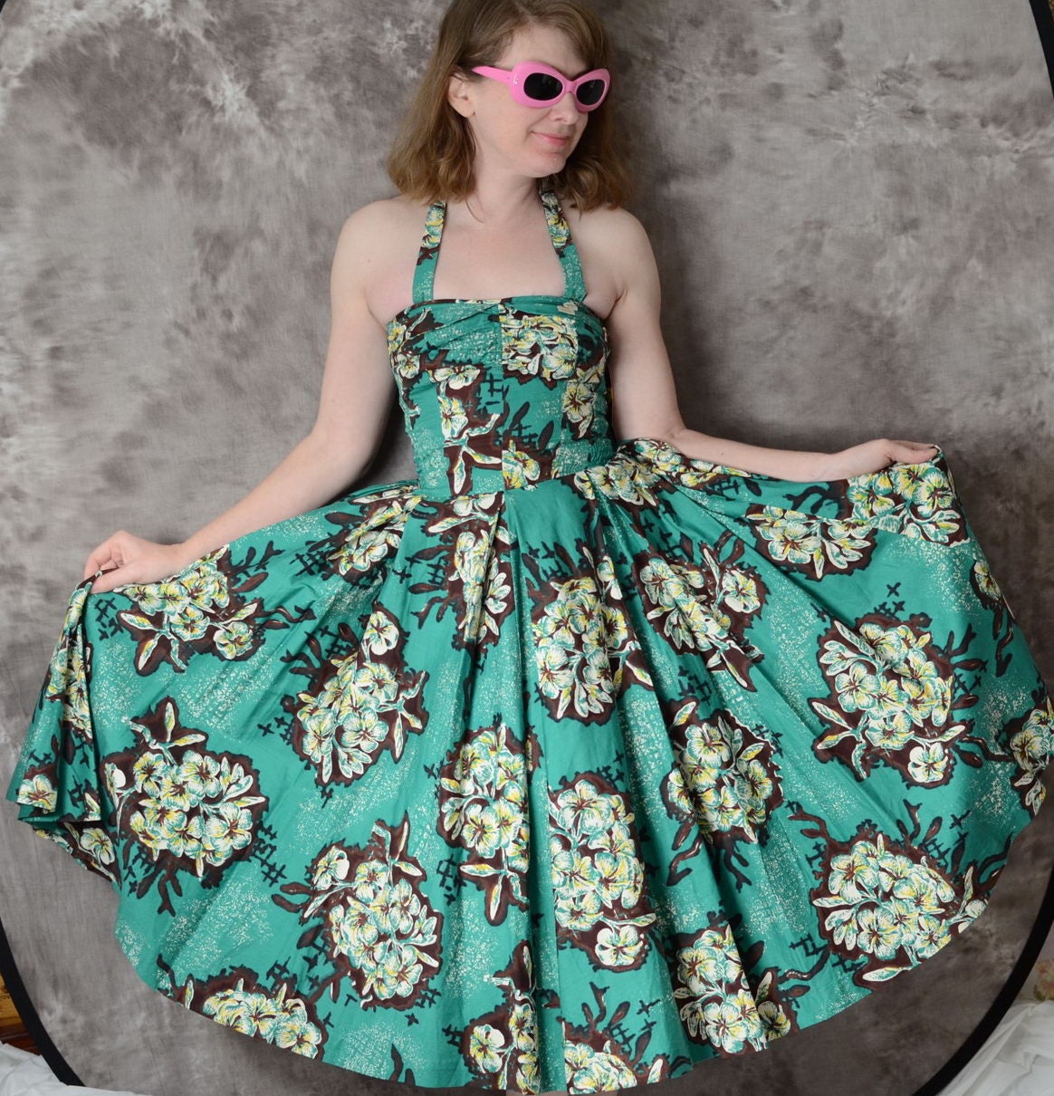 1950s Alfred Shaheen Dress Surf N' Sand  Hawaiian Green Halter Sundress Mint Deadstock