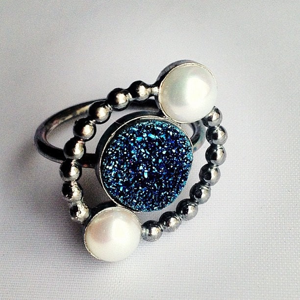 Handmade Blue Drusy and Pearl Cocktail Orbit Ring