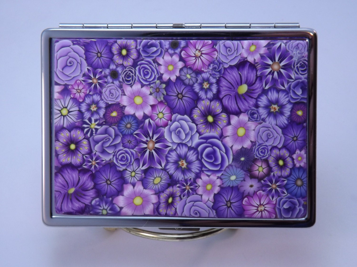 Purple Millefiori Floral Polymer Clay Embellished Metal Credit Card Wallet, Cigarette Case