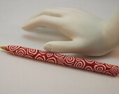 Handcrafted Red and White Swirls Polymer Clay Covered Ball Point Pen