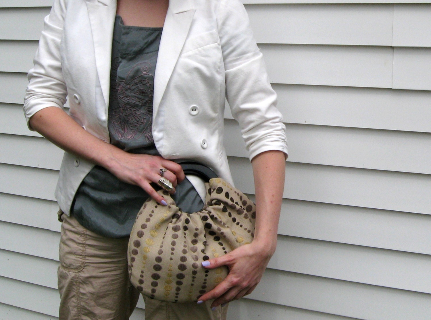 Raindrops Upholstery Remnant Handbag with Black Handles - Retro Modern Purse - Ready to Ship