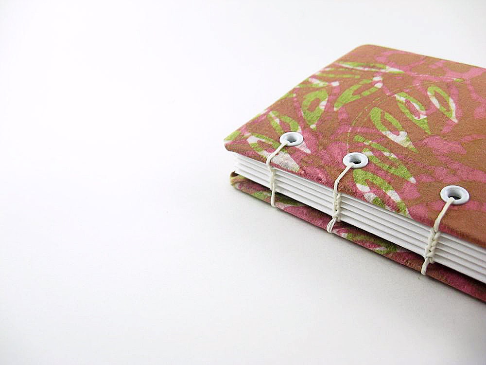 4 x 6 Journal or Sketchbook - blank -  Coptic Bound abstract leaves brown pink green white fabric