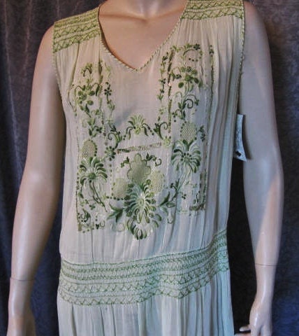 1920s, 1930s Flapper Gatsby  Bohemian, Hugarian Embroidered Day Dress, a Garden of Greens, Delightful, Wedding, Bridal