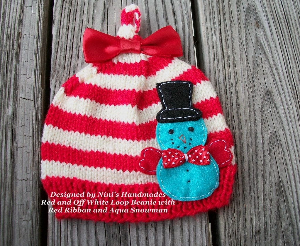 SNOWMAN Baby Loop Hat- Red and Off white , Childrens Aqua snowman  hat- Crochet Hat- Christmas Hat, Winter colors Baby hat